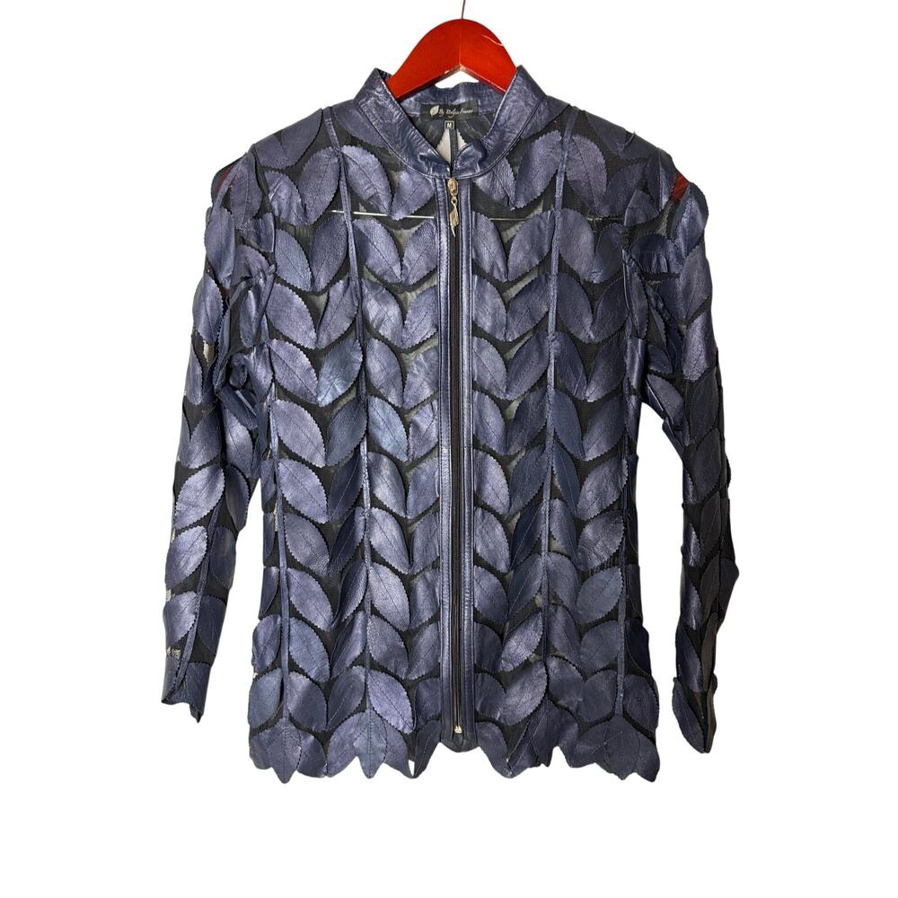 By Belgin Francis Navy blue Leather Leaf Jacket sz M - Picture 2 of 9